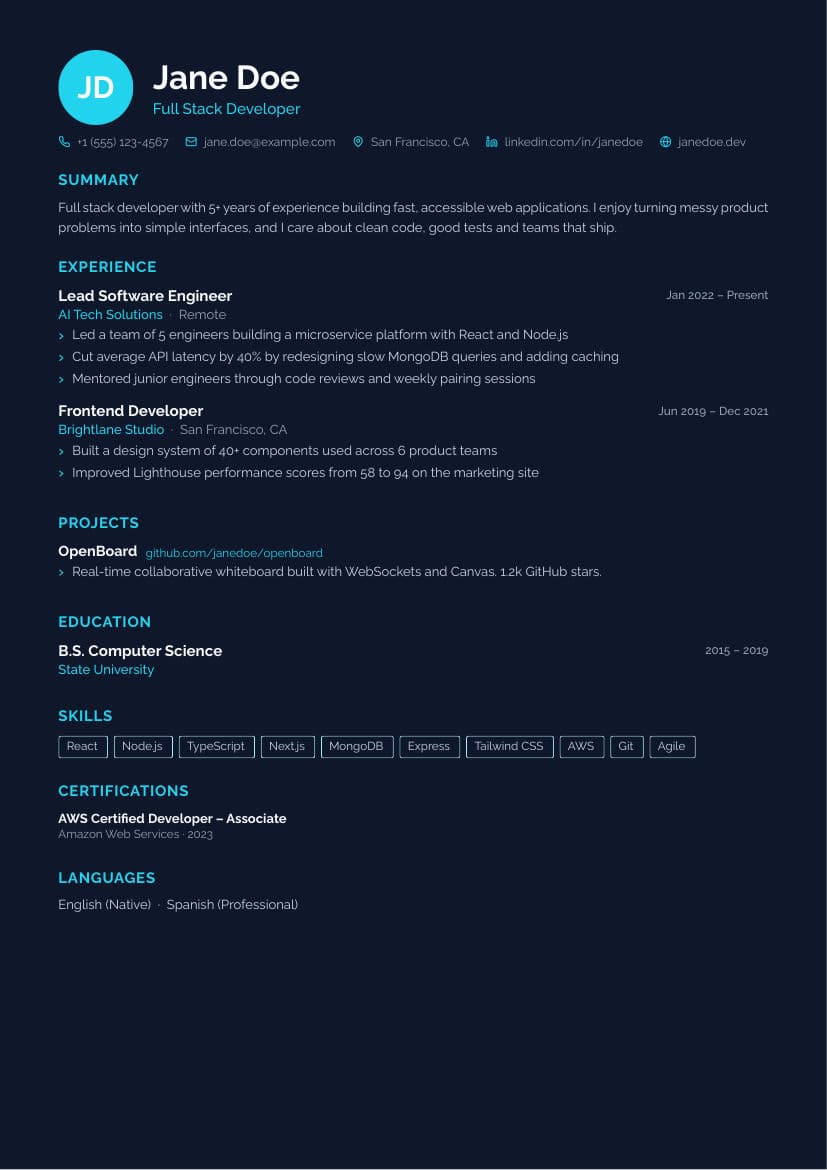 Midnight resume template preview