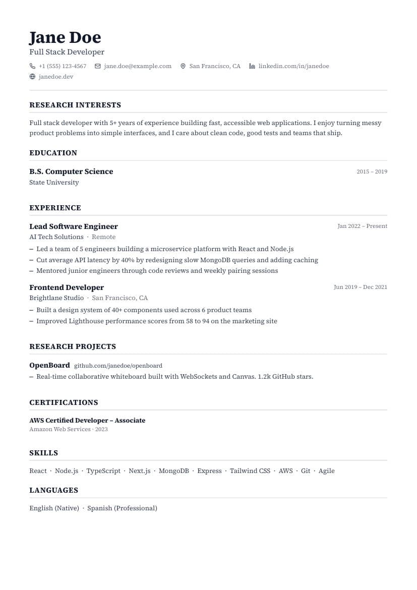 Research resume template preview